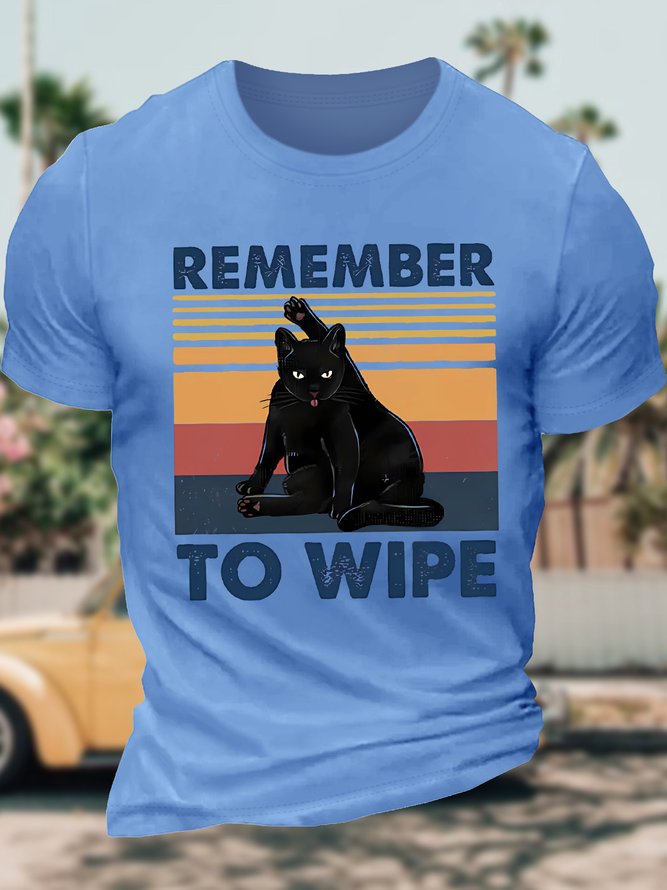 Men's Remenber To Wipe Funny Black Cat Graphic Printing Cotton Vintage Loose Text Letters T-Shirt