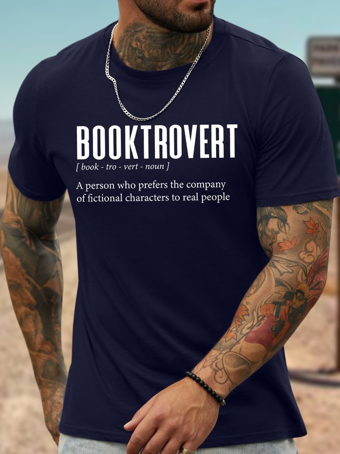 Men's Booktrovert A Person Who Prefers The Company Of Fictional Characters To Real People Funny Graphic Printing Cotton Casual Loose Text Letters T-Shirt