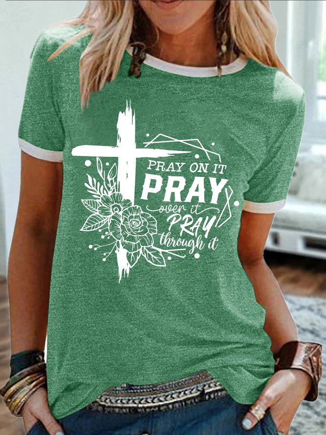 Women's Pray On It Pray Over It Pray Thing It Funny Graphic Printing Regular Fit Text Letters Cotton-Blend Casual T-Shirt