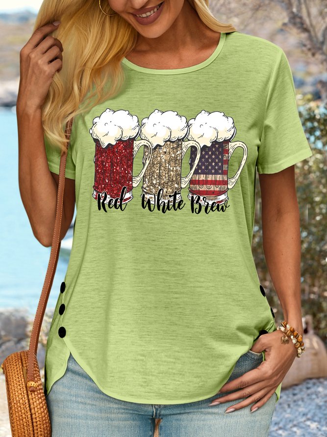 Women's Red White Brew Patriotic Beer 4th Of July Casual T-Shirt