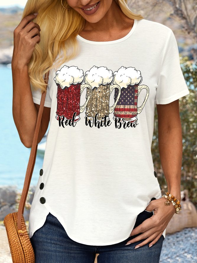 Women's Red White Brew Patriotic Beer 4th Of July Casual T-Shirt