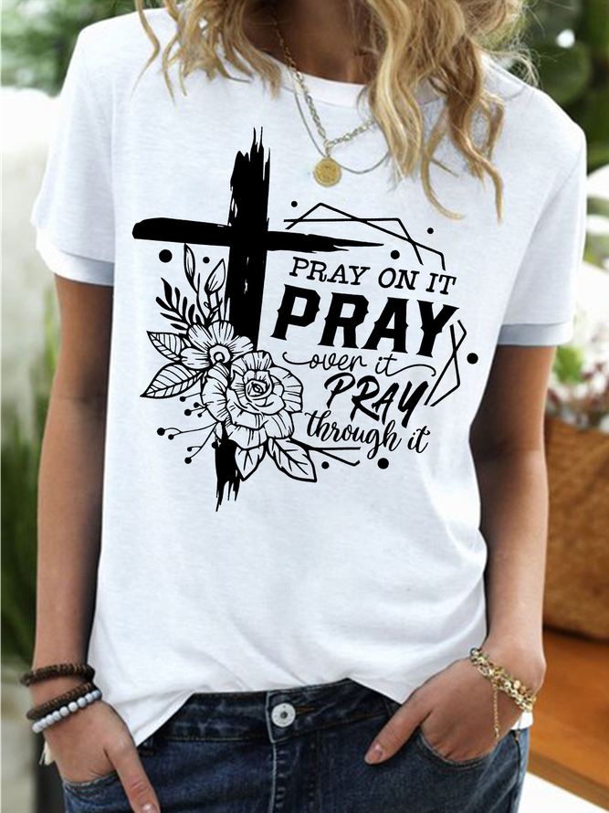 Women's Pray On It Pray Over It Pray Thing It Funny Graphic Printing Regular Fit Text Letters Cotton-Blend Casual T-Shirt