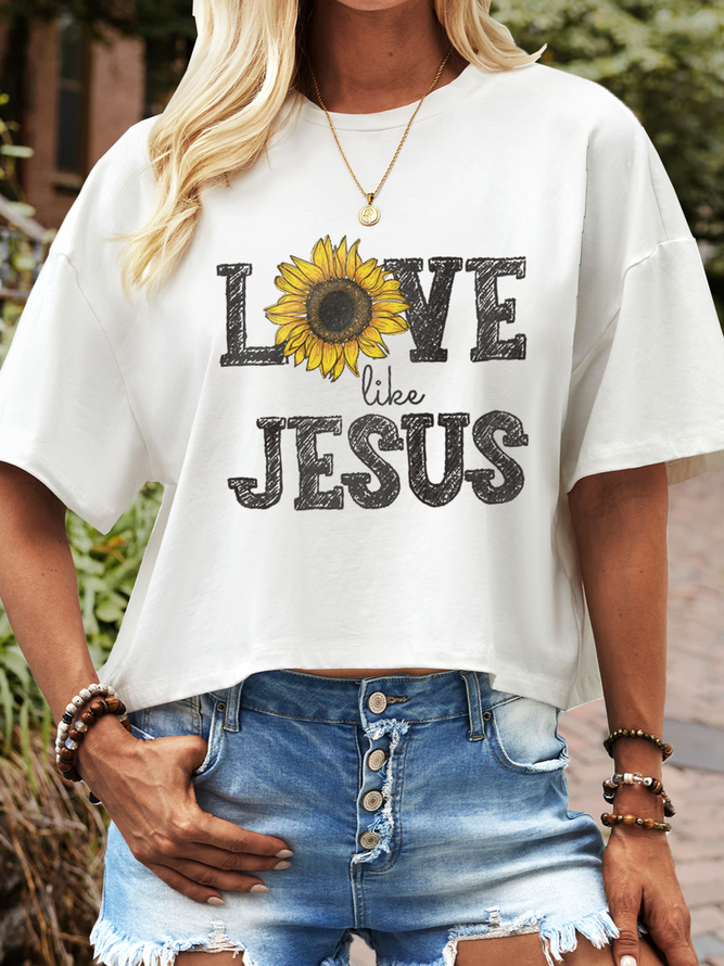 Women's Cute Sunflower Love Like Jesus Crew Neck Casual Loose Cotton Crop T-Shirt