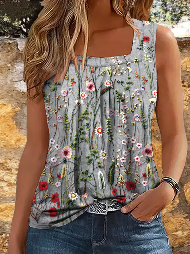 Women's Casual Loose Square Neck Floral Tank Top