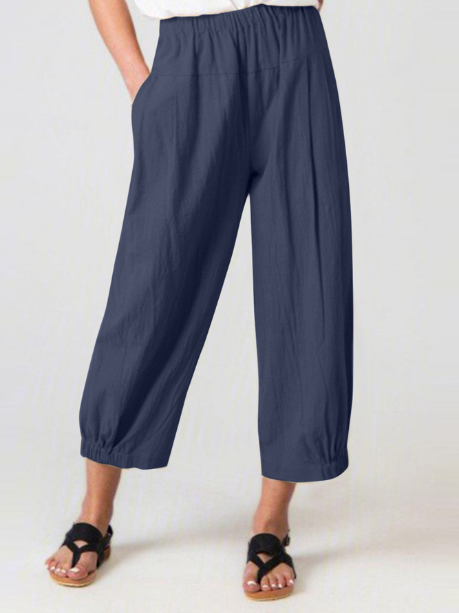Women's Summer Wide Leg Capri Drawstring Elastic High Waist Cotton Cropped Trousers with Pockets