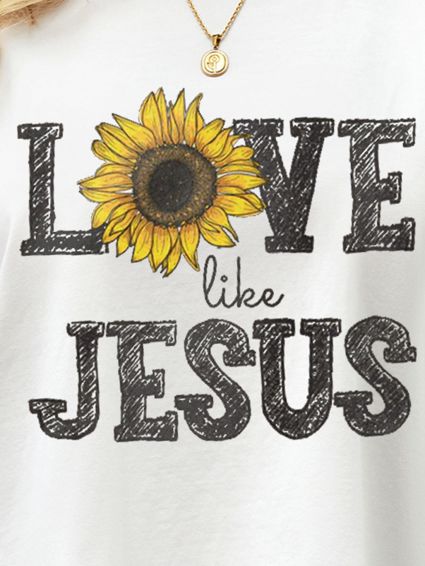 Women's Cute Sunflower Love Like Jesus Crew Neck Casual Loose Cotton Crop T-Shirt