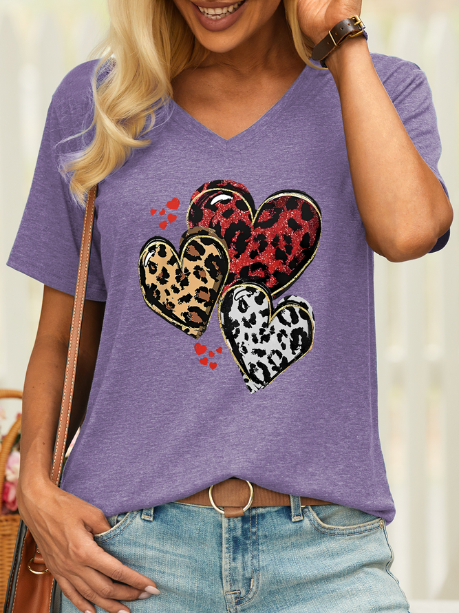 Women’s Leopard Heart V Neck Casual T-Shirt