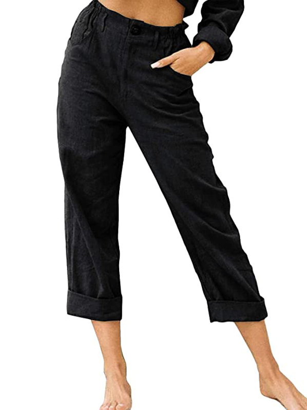 Women's Casual Cropped Cotton Linen Capris Pants Summer Loose Fit Trousers with Pockets