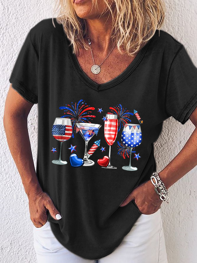 Women's American Flag Red Wine Blue Independence Day Simple V Neck T-Shirt