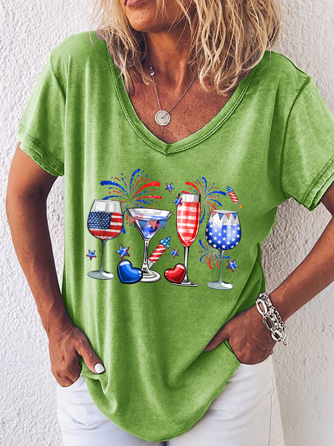 Women's American Flag Red Wine Blue Independence Day Simple V Neck T-Shirt