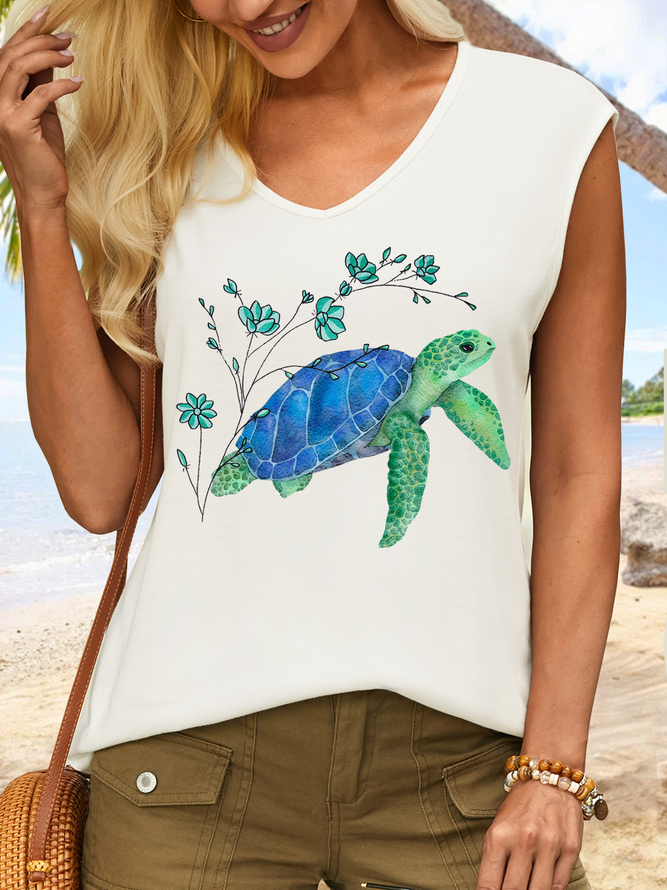 Women's Cute Sea Turtle Simple Cotton-Blend V Neck Tank Top