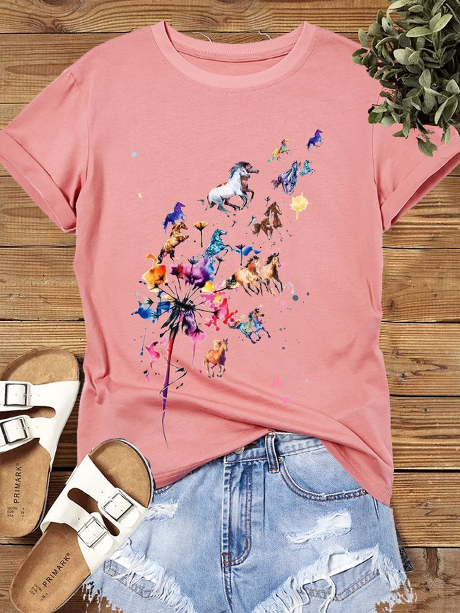 Women's Dandelion flower and horse Running horse Crew Neck Casual Cotton T-Shirt