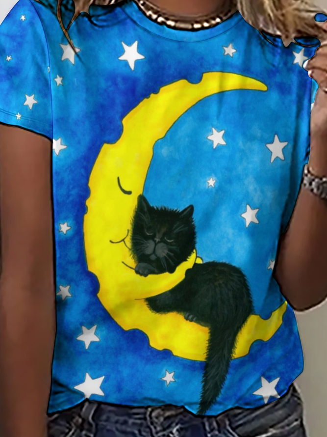 Women's Moon Hugging Black Cat Print Crew Neck Casual T-Shirt