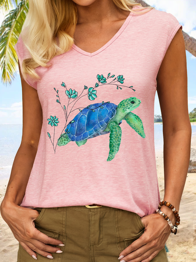 Women's Cute Sea Turtle Simple Cotton-Blend V Neck Tank Top