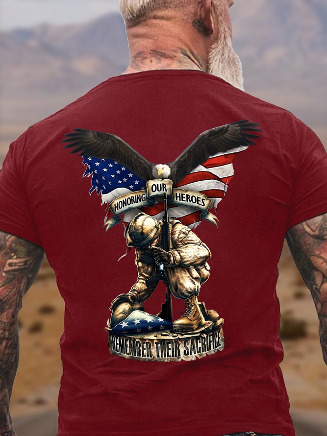 Men's Honoring Our Heroes Remember Their Sacrifice Funny Graphic Printing Eagle Old Glory America Flag Cotton Casual Independence Day T-Shirt