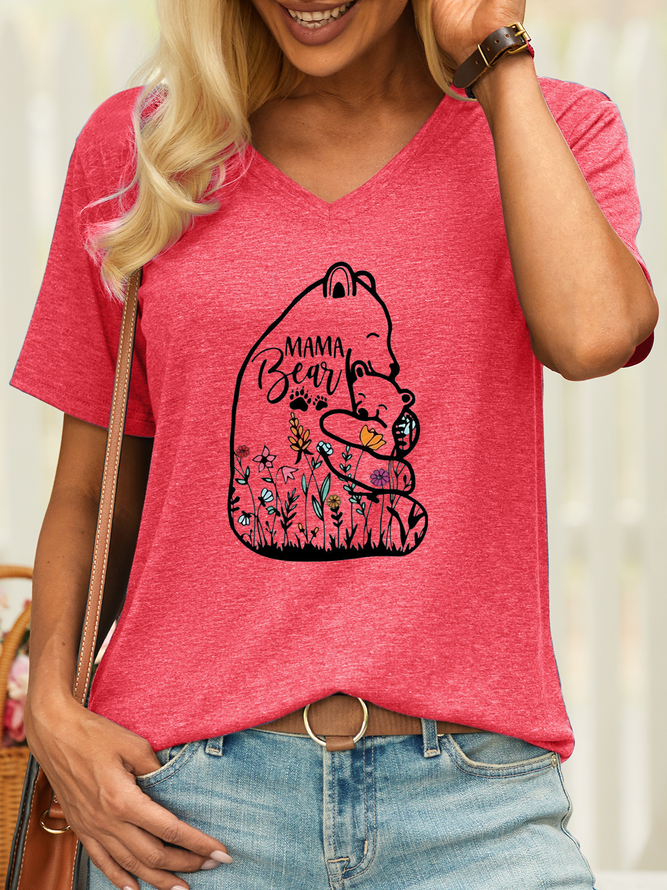 Women’s Mama Bear and Baby with Wildflowers Casual V Neck T-Shirt