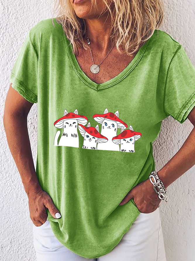 Women's Cute Mushroom Cat V Neck Loose T-Shirt