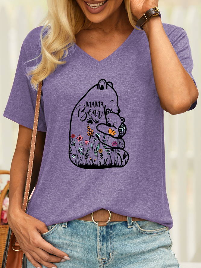 Women’s Mama Bear and Baby with Wildflowers Casual V Neck T-Shirt