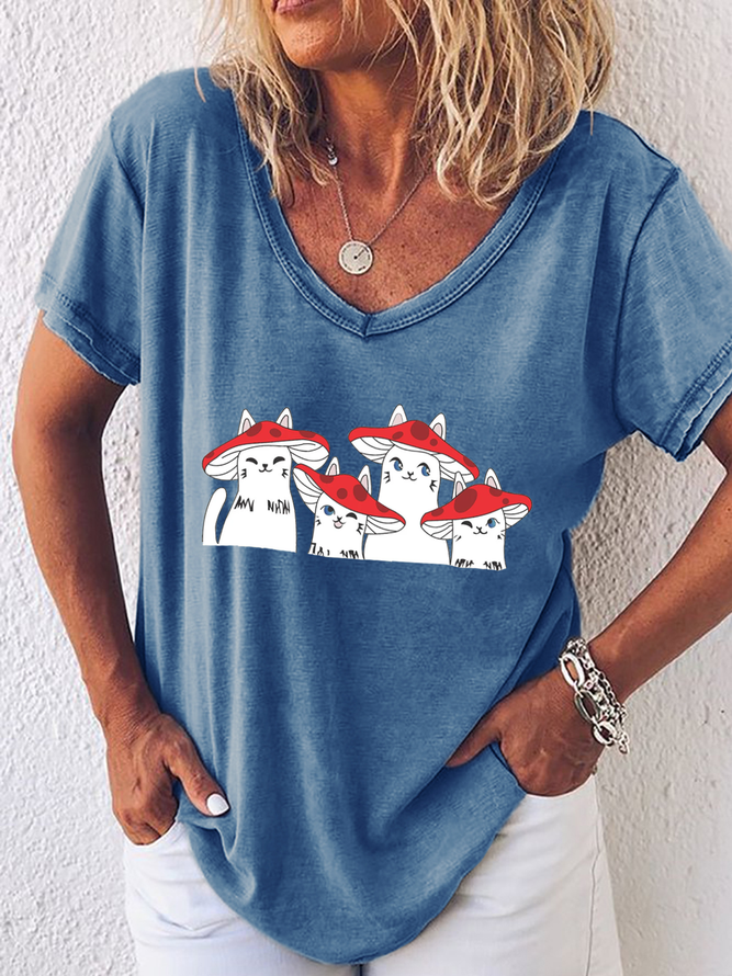Women's Cute Mushroom Cat V Neck Loose T-Shirt