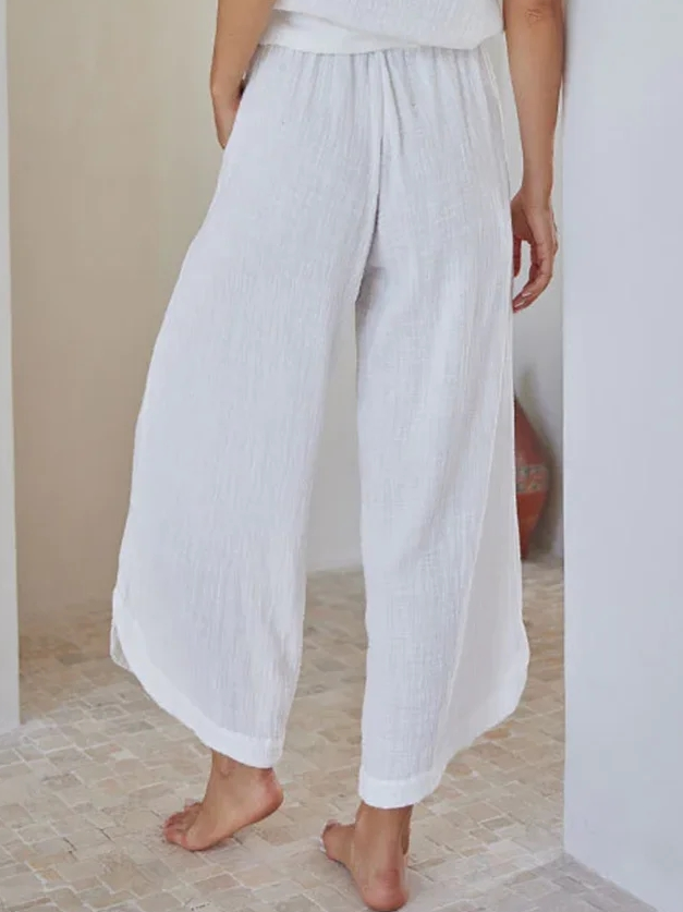 Womens Wide Leg Linen Pants High Waisted Drawstring Flowy Crop Trousers with Pockets