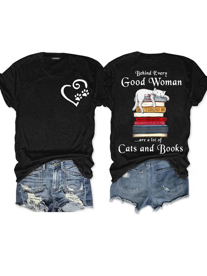 Women's Cotton Casual Life Is Better with Cats And Books Crew Neck T-Shirt