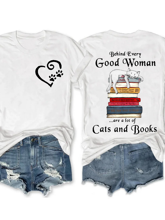 Women's Cotton Casual Life Is Better with Cats And Books Crew Neck T-Shirt