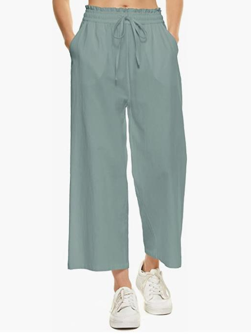 Womens Wide Leg Linen Pants High Waisted Drawstring Flowy Crop Trousers with Pockets