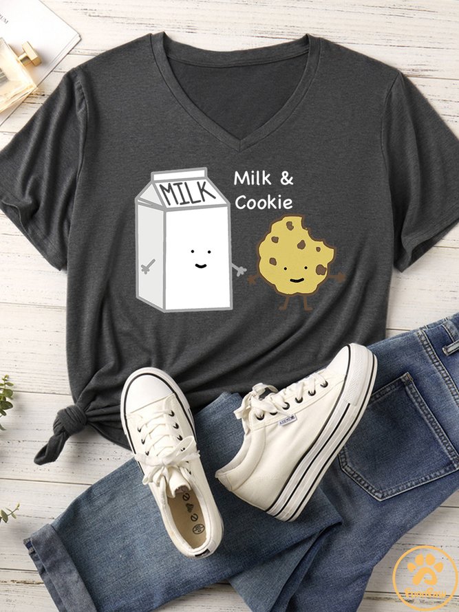 Women's Milk And Cookie Matching V Neck T-Shirt