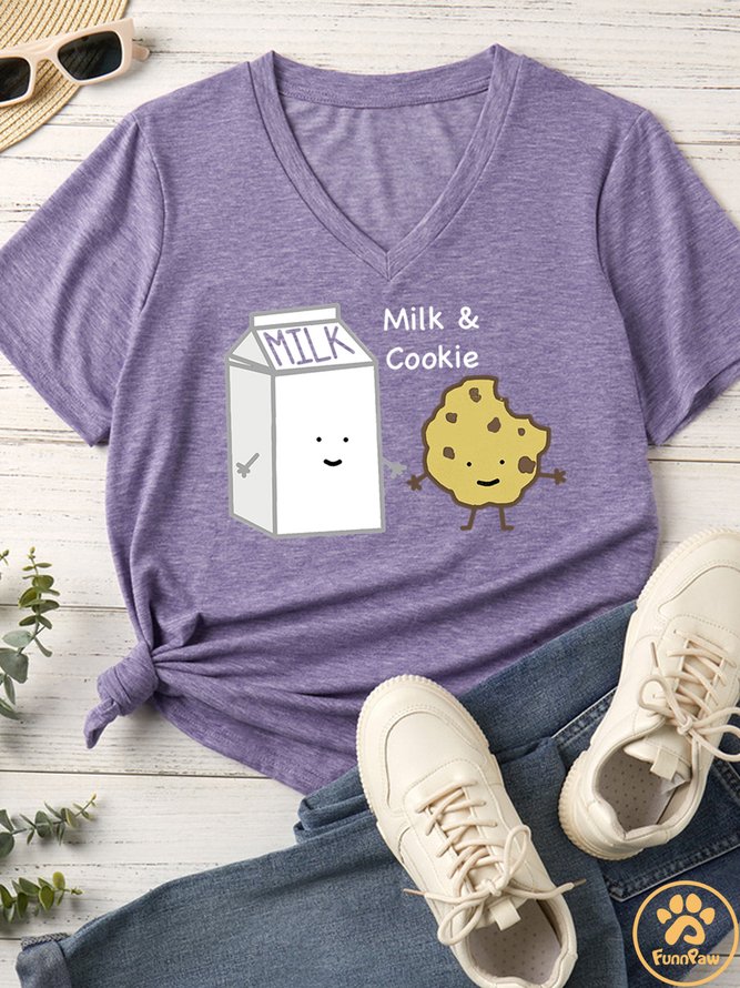 Women's Milk And Cookie Matching V Neck T-Shirt