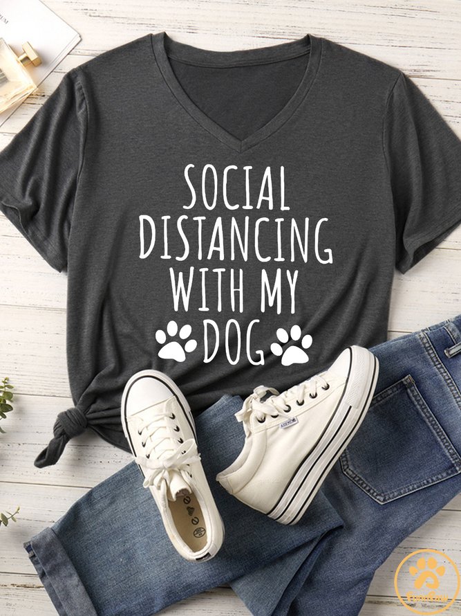 Women's Social Distancing With My Dog Matching V Neck T-Shirt