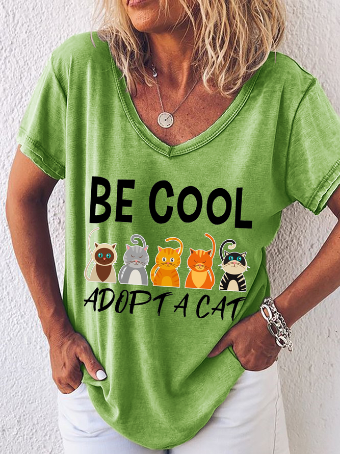 Women's Cat Lover Cat Adoption Loose Simple V Neck T-Shirt