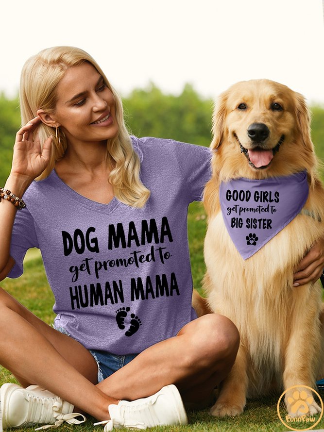 Lilicloth X Funnpaw Women's Dog Mom Get Promoted To Human Mom Matching V Neck T-Shirt
