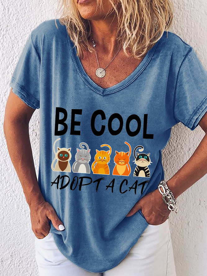 Women's Cat Lover Cat Adoption Loose Simple V Neck T-Shirt