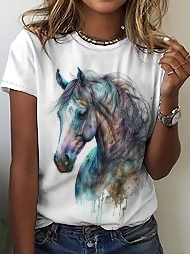 Women's Crew Neck Casual Watercolor Horse T-Shirt