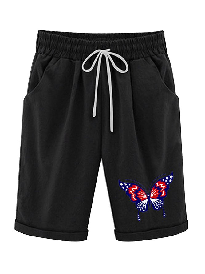 Women‘s Butterfly Independence Day Knee Length Bermuda Shorts Plus Size Casual Summer Loose Fit Long Shorts Elastic Waist Shorts with Pockets