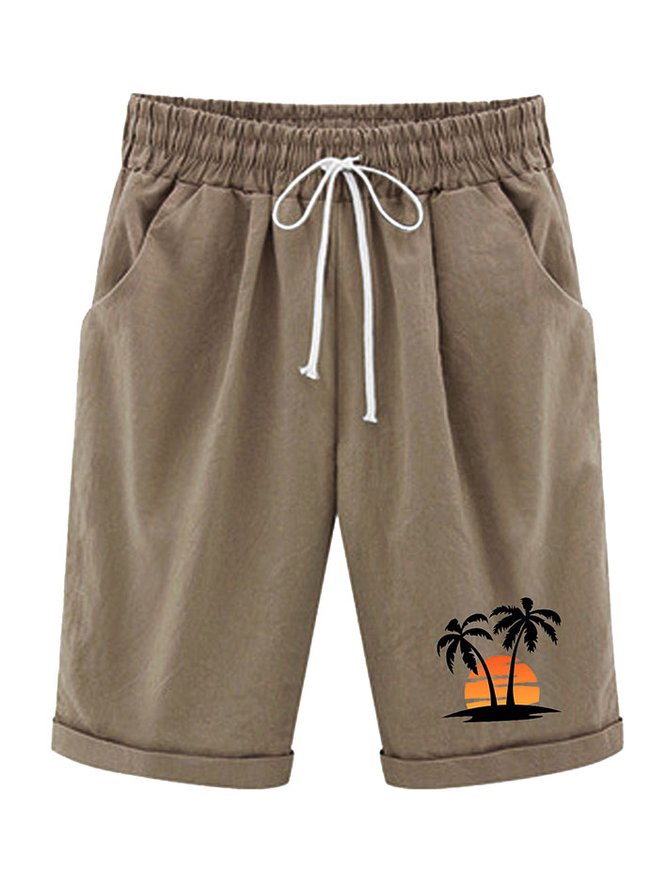 Women‘s Coconut Tree Knee Length Bermuda Shorts Plus Size Casual Summer Loose Fit Long Shorts Elastic Waist Shorts with Pockets