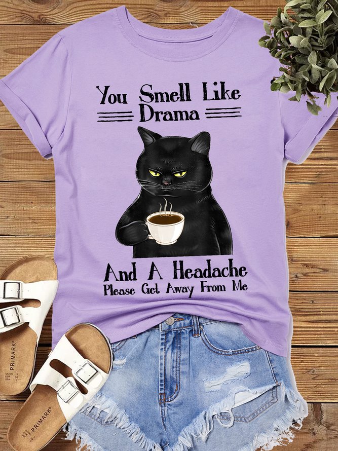 Women's Cotton Funny get away Black cat Crew Neck Casual T-Shirt