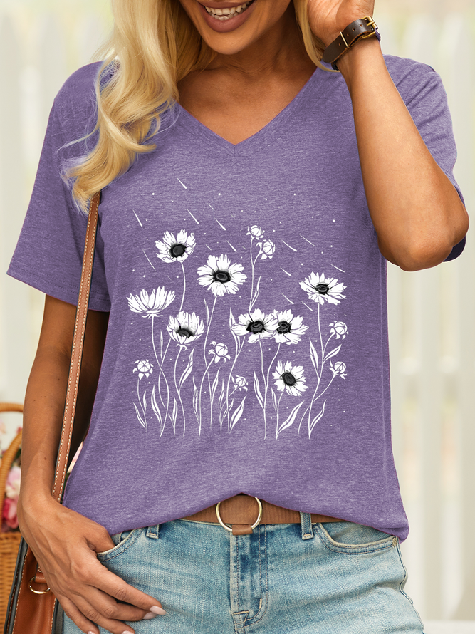 Women’s Flower Meteor Shower Cotton Casual V Neck T-Shirt