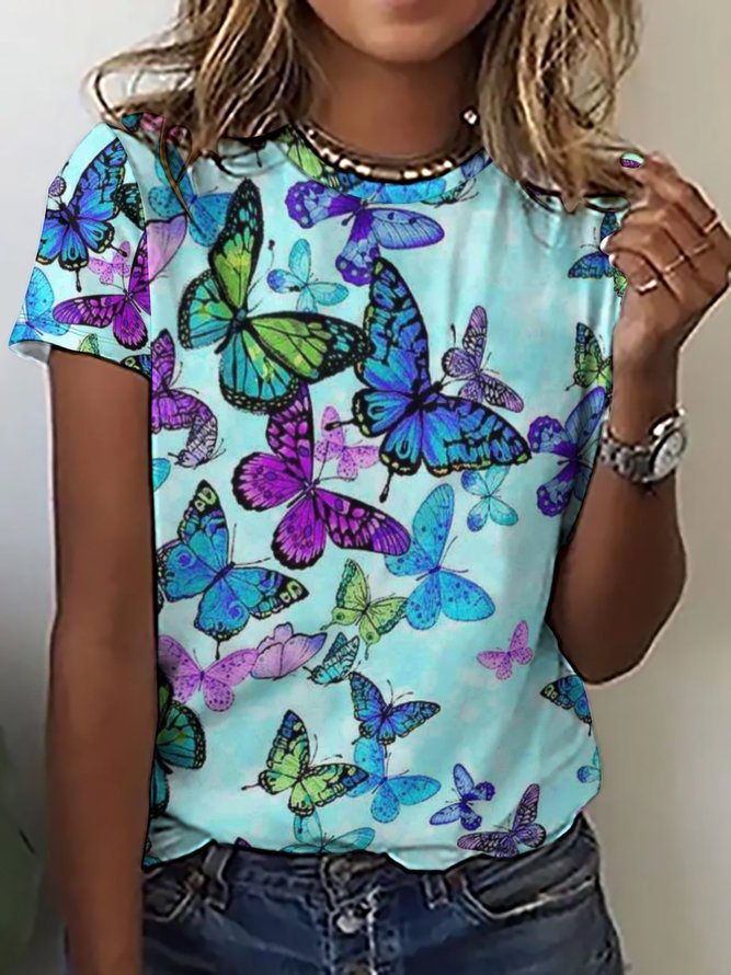 Women's Casual Crew Neck Butterfly Print T-Shirt