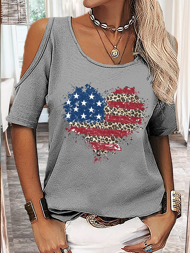 Women's America Flag Solid Drop Shoulder Crew Neck Casual T-Shirt