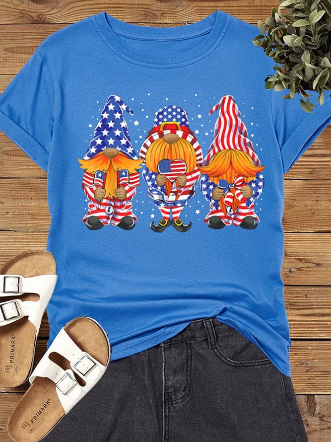 Women's Cotton Three Patriotic Gnomes 4th of July American Flag T-Shirt