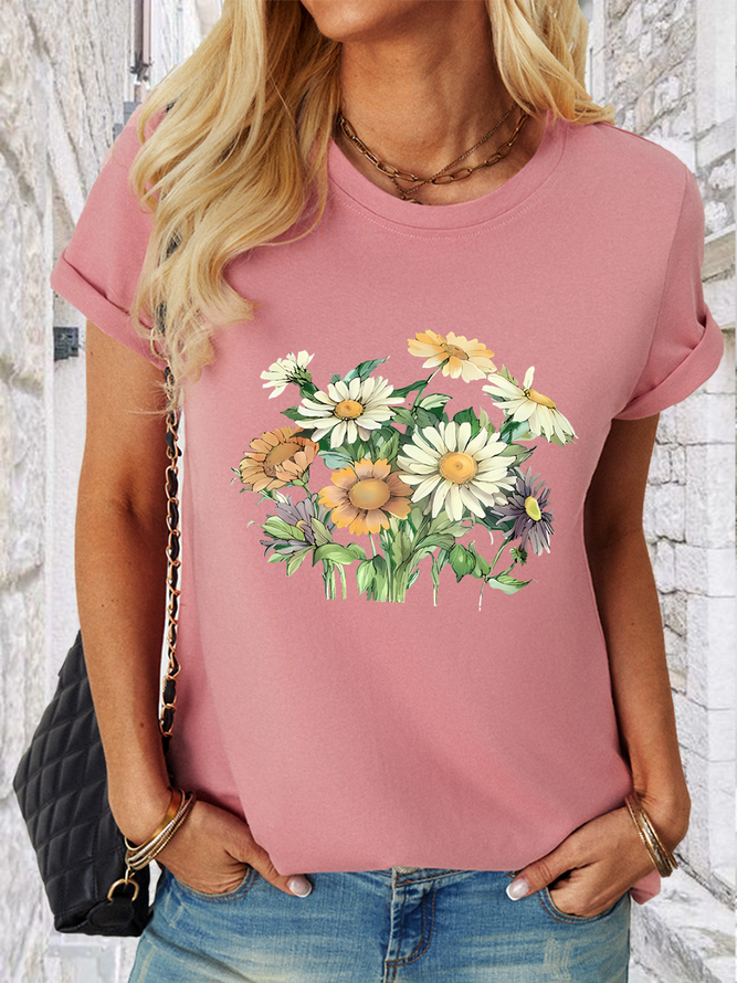 Women’s Plant Daisy Cotton Crew Neck Casual T-Shirt