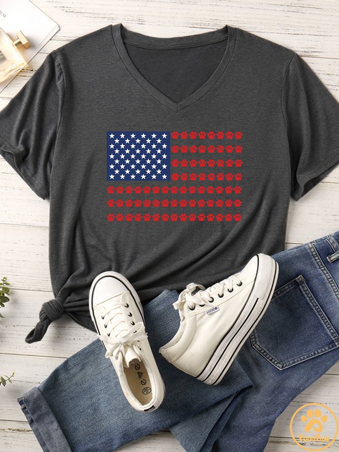Women's Dog Paws Print American Flag Matching V Neck T-Shirt