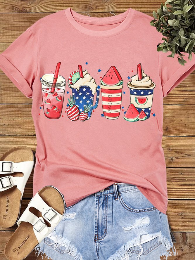 Women's Cotton 4th of July Coffee Independence USA America coffee latte patriot Casual Crew Neck T-Shirt