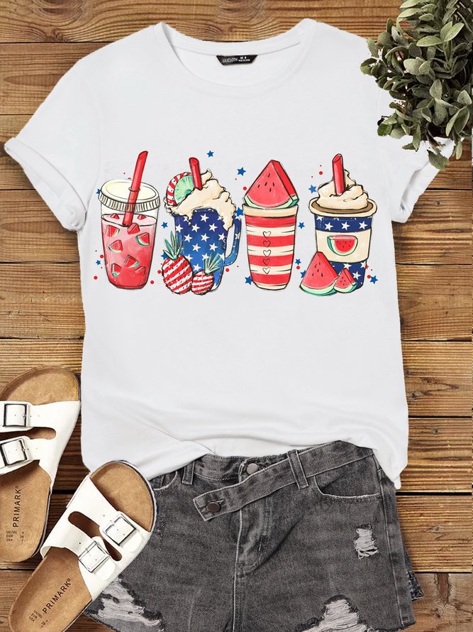 Women's Cotton 4th of July Coffee Independence USA America coffee latte patriot Casual Crew Neck T-Shirt
