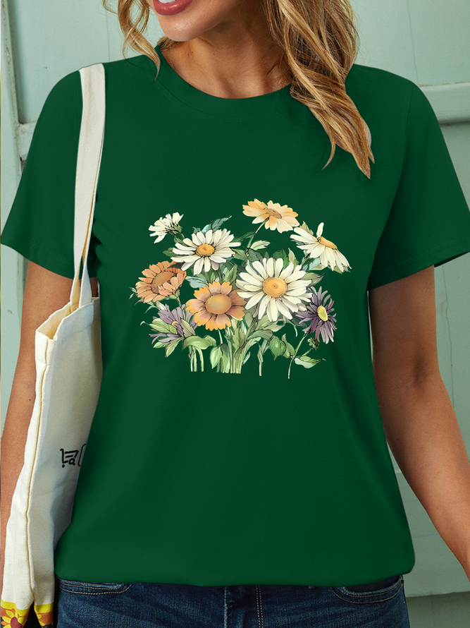 Women’s Plant Daisy Cotton Crew Neck Casual T-Shirt