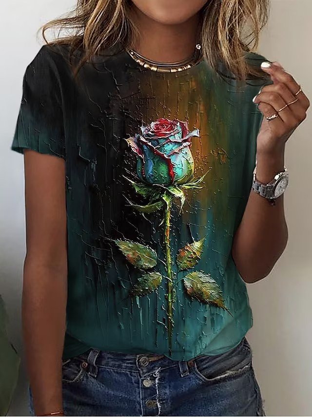 Casual Crew Neck Floral Loose T-Shirt