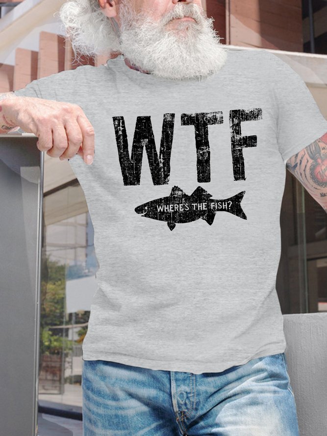 Men's WTF Where's The Fish Funny Graphic Printing Loose Casual Text Letters Crew Neck T-Shirt