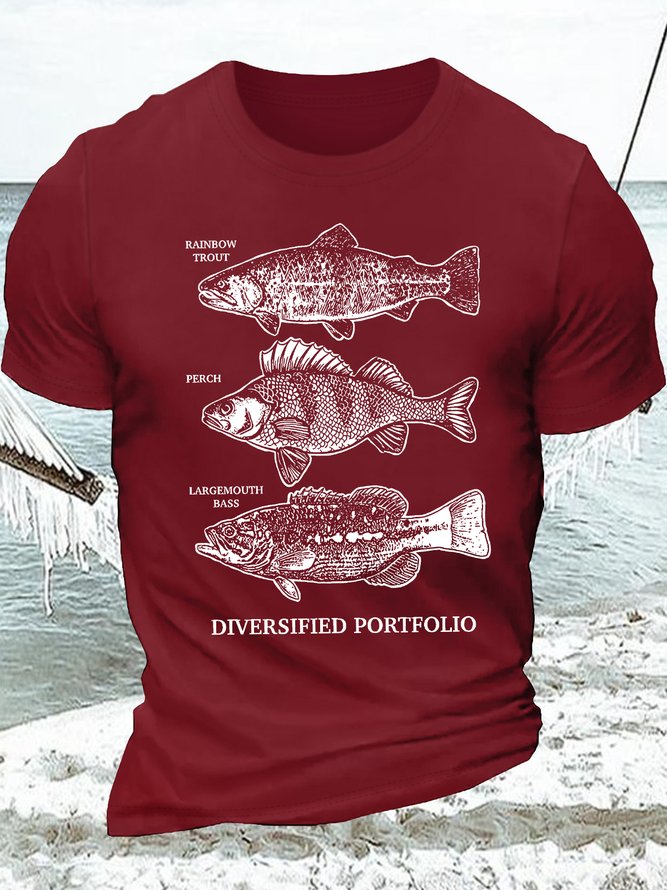 Men's Rainbow Trout Perch  Diversified Portfolio Funny Graphic Printing Casual Cotton Loose Text Letters T-Shirt