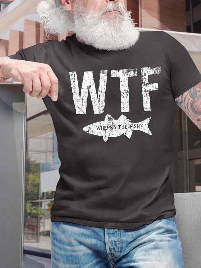 Men's WTF Where's The Fish Funny Graphic Printing Loose Casual Text Letters Crew Neck T-Shirt